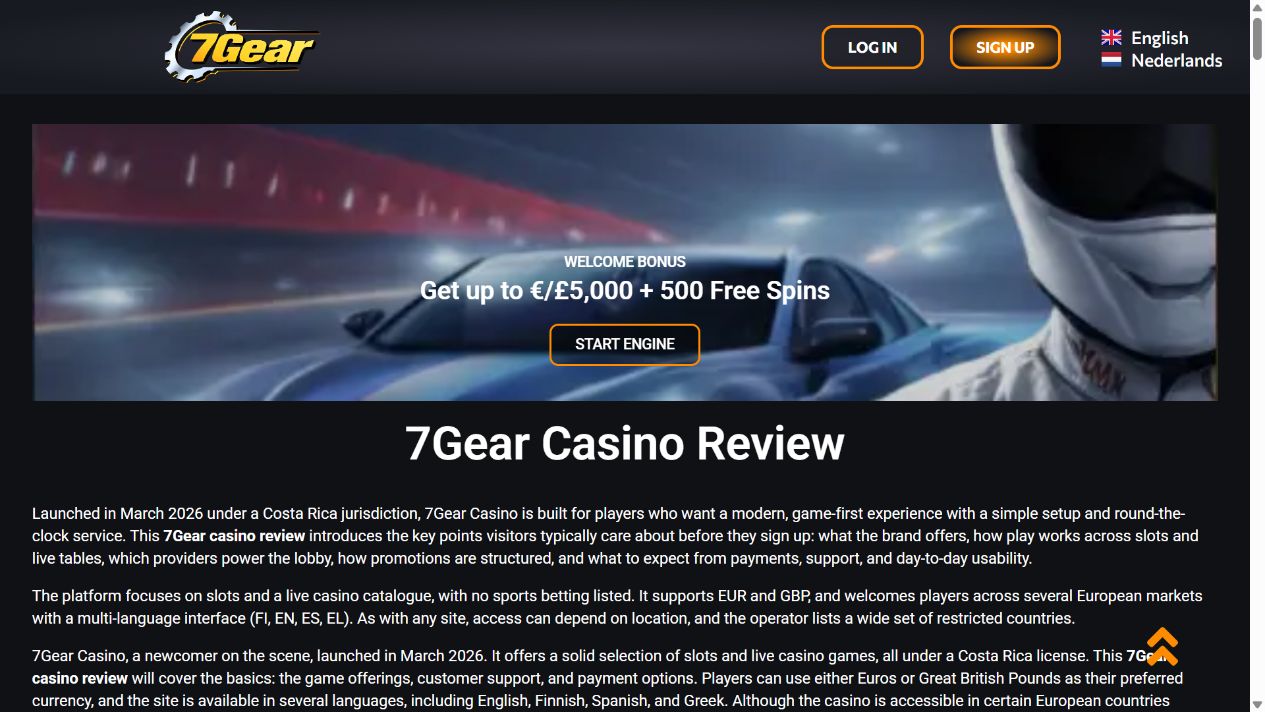 Screenshot van de 7Gear-website op desktopformaat