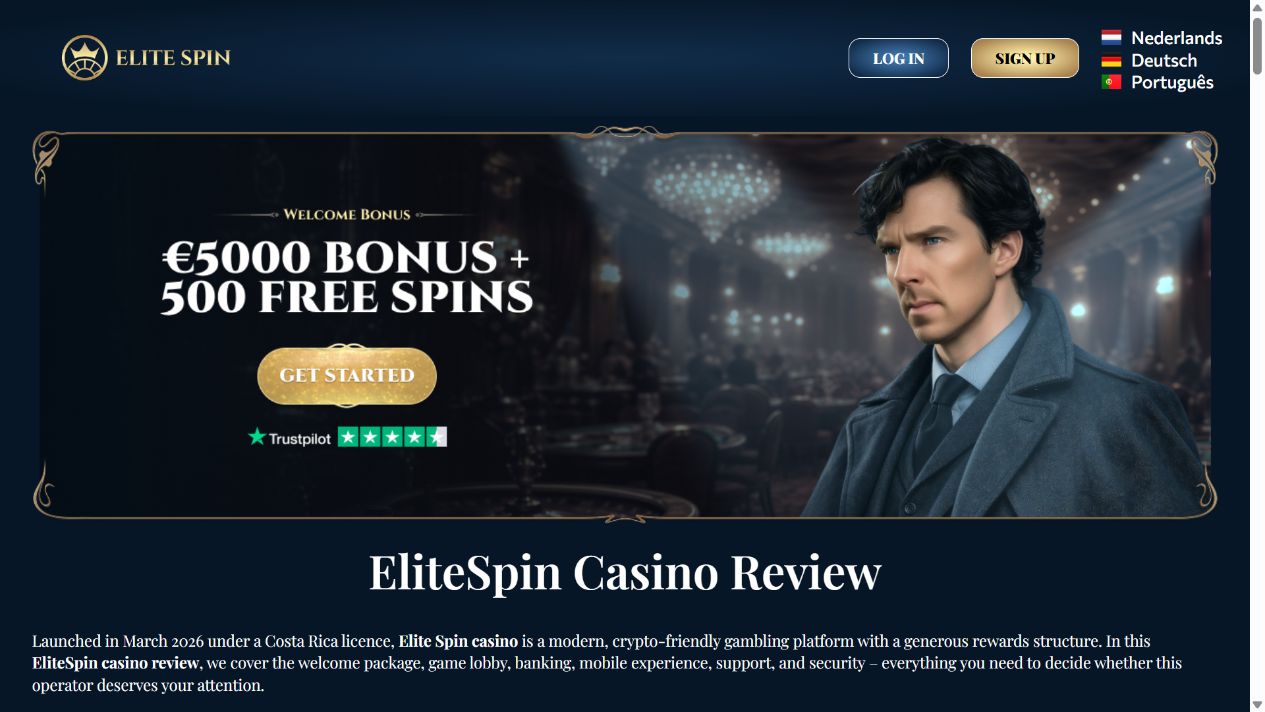 Screenshot van de EliteSpin-website op desktopformaat