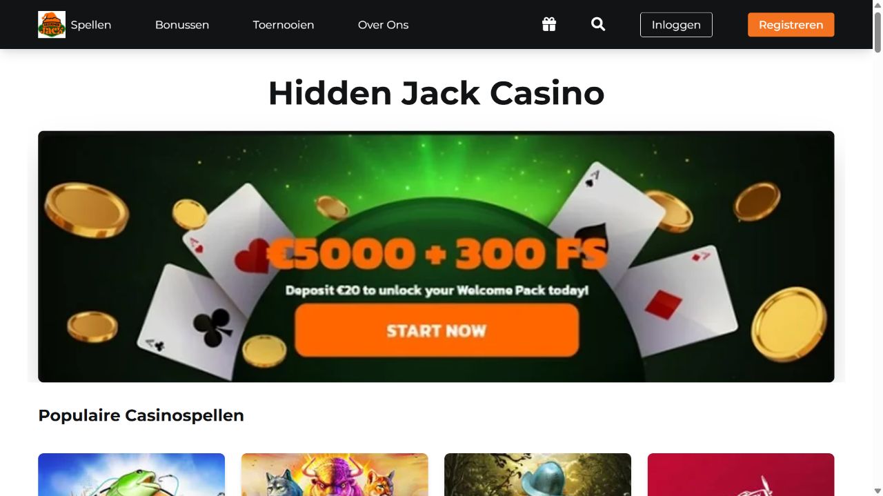 Screenshot van de Hiddenjack-website op desktopformaat