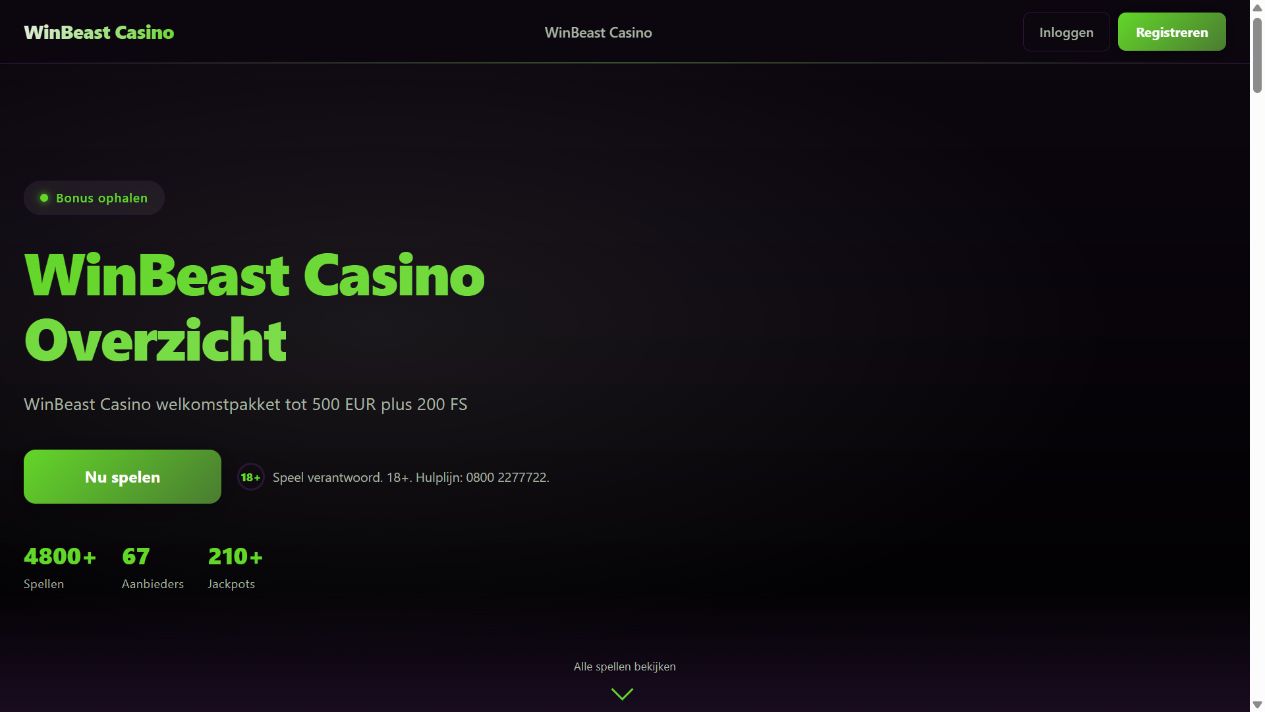 Screenshot van de Winbeast-website op desktopformaat